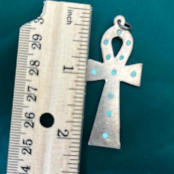 Vintage Silver Ankh Key Pendant with Turquoise Gems - Picture 7 of 17